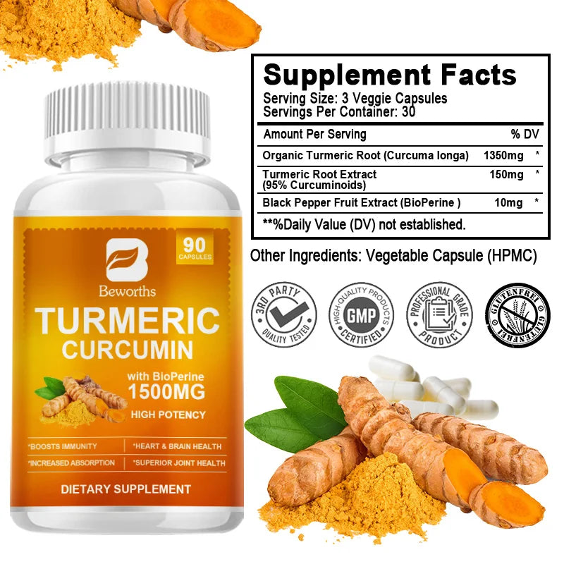 BEWORTHS 90 Pills Organic Turmeric Curcumin Supplement with Black